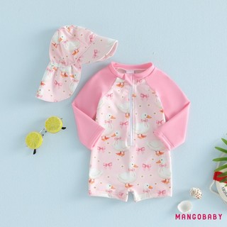 MG-Toddler Baby Girls Rash Guard Đồ bơi có mũ 2 chiếc Bộ nơ hoa ngỗng in hình nửa khóa kéo lên Đồ bơi dài tay