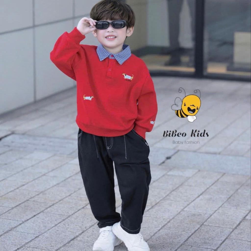 [BiBeo Kids] Bộ Quần Áo Nỉ Bé Trai Phối Áo Đỏ Cổ Sơ Mi Xanh Quần Giả Bò Đen – Set Dài Tay Thời Trang, Lịch Sự, Năng Động