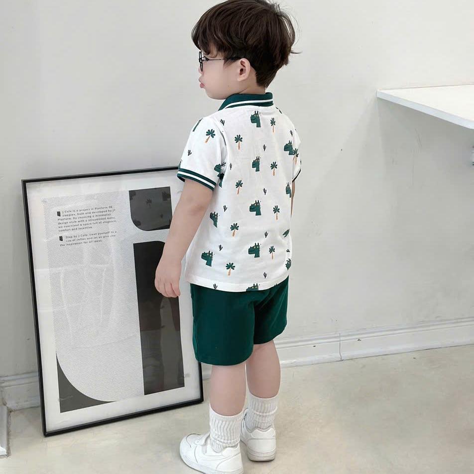 Bộ quần áo POLO IN KHỦNG LONG QUẦN XANH CHO BÉ TRAI,  Bộ quần áo chất COTTON thoải mái cho bé