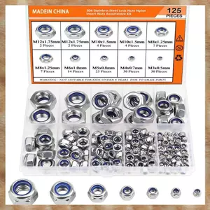125 Chiếc Nylon Lục Giác Khóa Đai Ốc 304 Thép Không Gỉ Locknut M3 M 4 M5 M6 M8 M10 Lục Giác Tự Nylon Khóa Đai Ốc