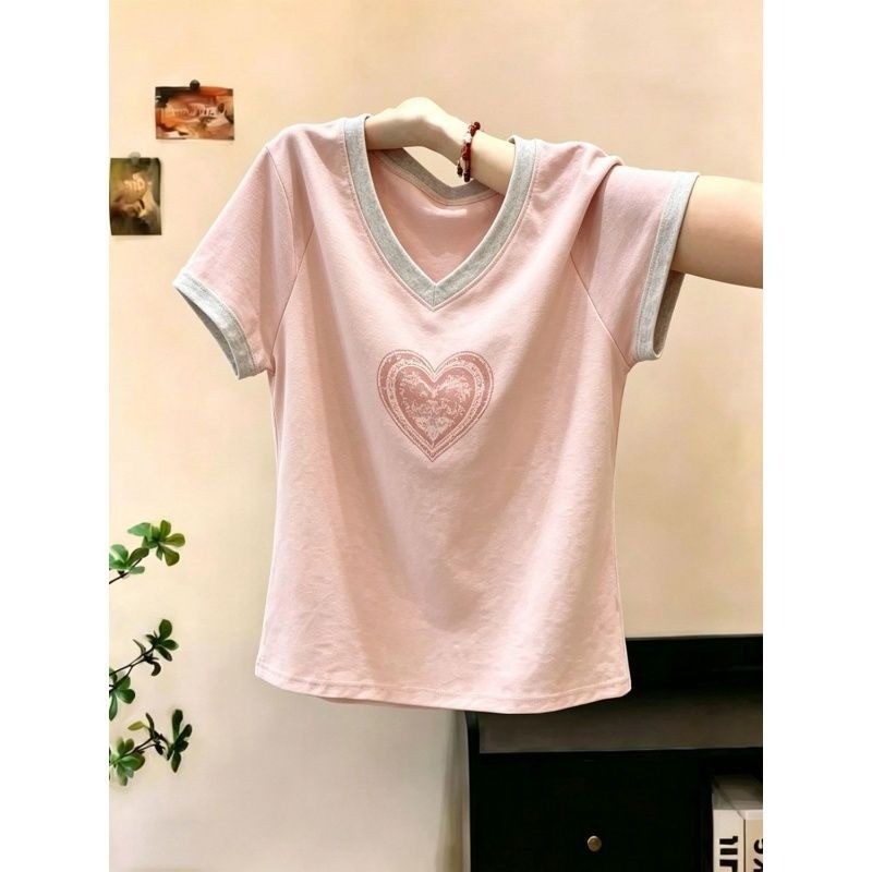 Cotton plus size Hàn Quốc Cổ Chữ V In Hình Tình Yêu Mùa Hè Mới Rời Tay Ngắn Dành Cho Nữ