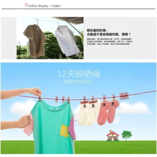 Dây phơi quần áo chống gió di động 12 kẹp Dây phơi quần áo du lịch ngoài trời có kẹp Dây lưu trữ có thể gập lại 3KEG