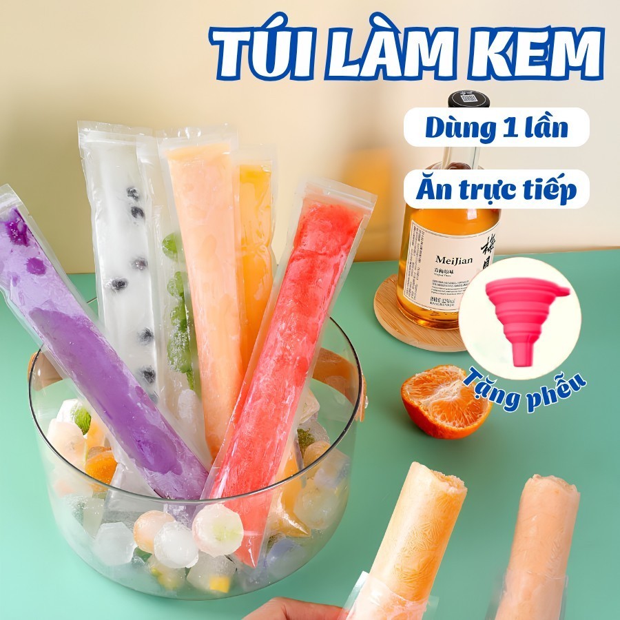 Set 100 Túi Làm Kem Dùng 1 Lần, Túi Làm Đá Siro, Sữa Chua, Nước Trái Cây An Toàn Vệ Sinh Kèm Phễu