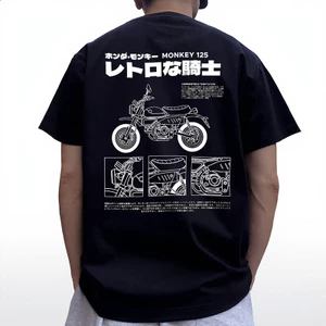 200GSM Monkey125 Retro Knight Xe Máy Phong Cách 100% Cotton Cao Cấp In Hình Cổ Tròn Áo Thun Tay Ngắn Đường Phố Mỹ Hợp Thời Trang Nam