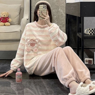 [Pre-Order]-Bộ Ngủ Lông Dễ Thương Hoạ Thêu Gấu ấm áp nhẹ nhàng dễ thương
