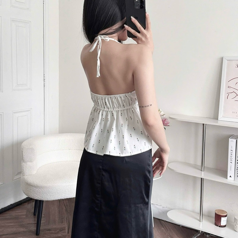 Áo Yếm Nữ Hở Lưng Hoa Nhí Cột Dây Sẵn Đệm Mút Chất Linen