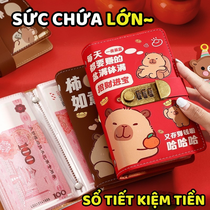 Sổ Tiết Kiệm Đựng Tiền Capybara Bìa Da PU Cao Cấp – Sổ Quản Lý Chi Tiêu 100 Trang Khóa Mật Mã Cute
