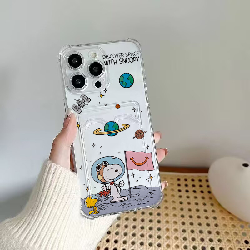 Ốp Điện Thoại Planet Snoopy Cho IPhone 17 Air 16 15 14 13 12 11 Pro Max 14 15 16 Plus 16E Vỏ Đựng Thẻ Ảnh Ví Mềm Trong Suốt Bảo Vệ Chống Sốc TPU Hoạt Hình Thời Trang