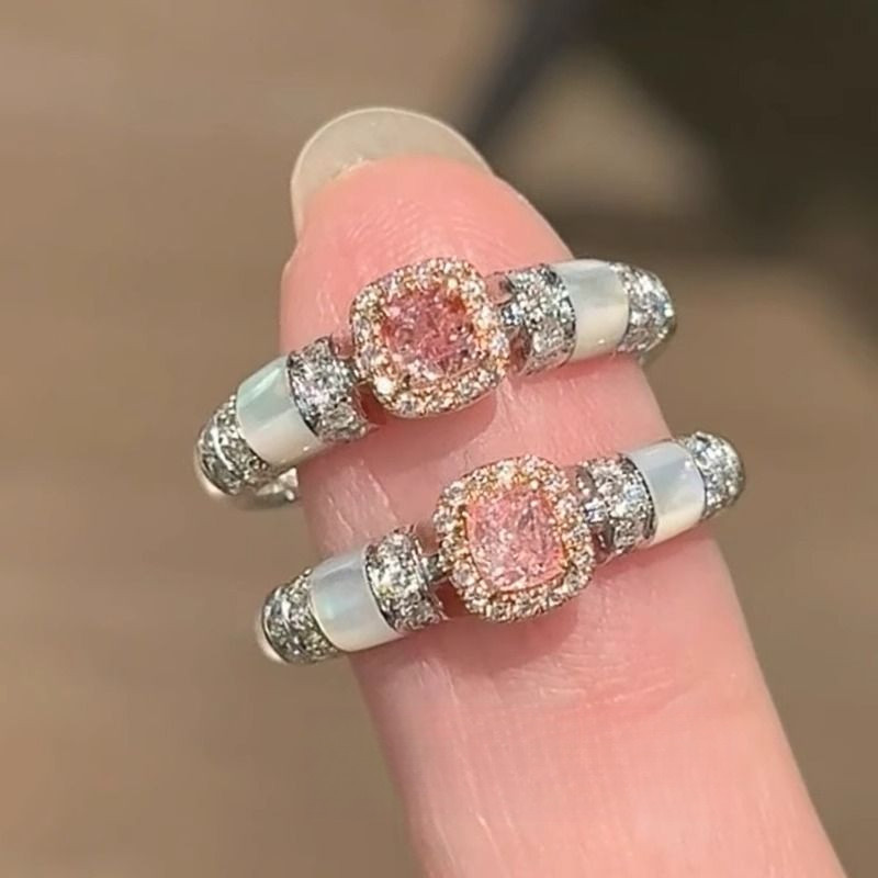 Phong cách mới Thời trang Phong cách Trung Quốc Màu hồng Hình học dát Zircon được cá nhân hóa Nhẫn nữ có thể điều chỉnh 100%.