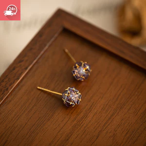 Thời trang khí chất đơn giản zircon màu tím hình học cá tính bông tai nữ đa năng