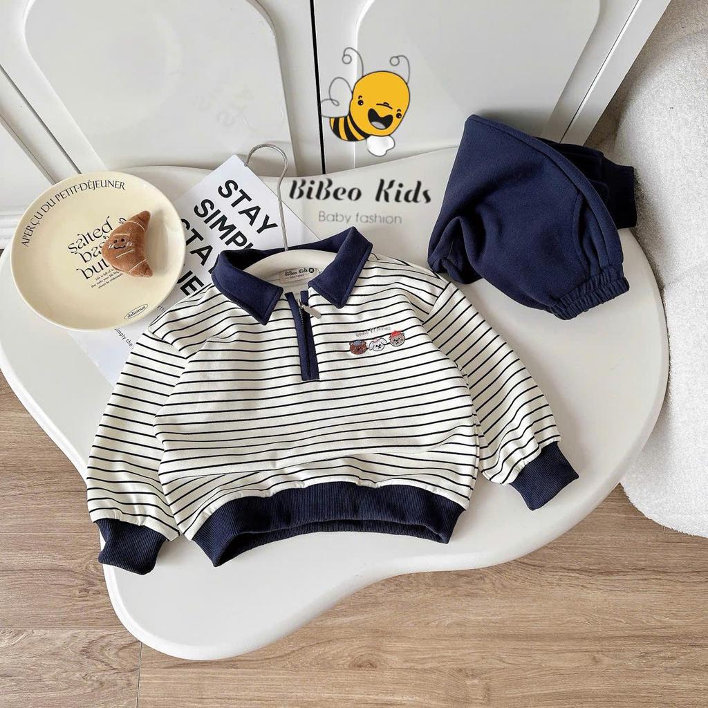 [BiBeo Kids] Bộ Quần Áo POLO THU ĐÔNG KẺ NGANG KÉO KHÓA cho bé trai ,Bộ quần áo dài tay cho bé