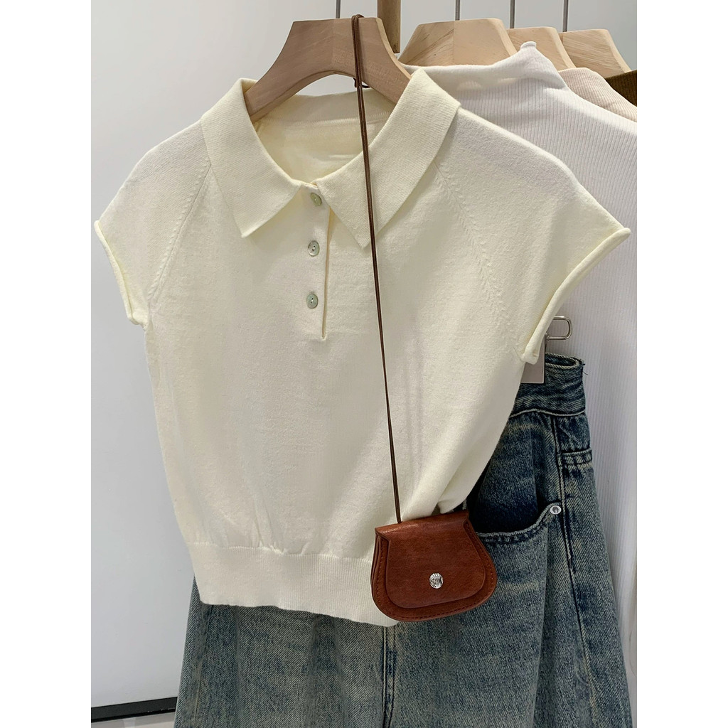 Mùa Hè Mới Nữ Crop Tops Nhẹ Nhàng Màu Trơn Cổ Polo Tay Ngắn Dệt Kim Áo Thun 260514