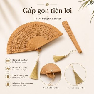 Quạt Tre Gấp Tre Tự Nhiên Di Động Mịn Gấp Truyền Thống Tua Rua Ảnh Chống Đỡ Trang Trí Nhà