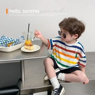 Trẻ Em Mùa Hè Phong Cách Mới Cotton Nguyên Chất Cầu Vồng Sọc Áo Thun Ngắn Tay Bé Trai Hoạt Hình Khủng Long Nửa Tay Top Bé Gái Thoải Mái Thoáng Khí Đáy Áo Sơ Mi