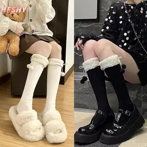 HFSHY Cừu Len Trên Đầu Gối Sos Chân Mùa Đông Ấm Áp Dài Stoings Dễ Thương Sang Trọng Bóng Bé Gái Ống Cao Sos Màu Trơn JK Stoings VN