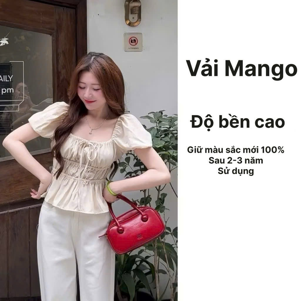 Áo babydoll linen kiểu xinh tay phồng tiểu thư công chúa bo thân nơ coquette ngực xinh xắn Kenco.clothing Sài Gòn M329
