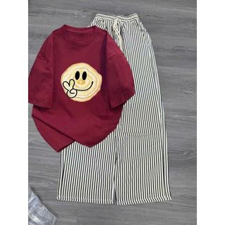 Bộ quần ống rộng kẻ vằn  Xốp+ kết hợp áo phông Mùa hè hình XIN CHÀO- thubaaa