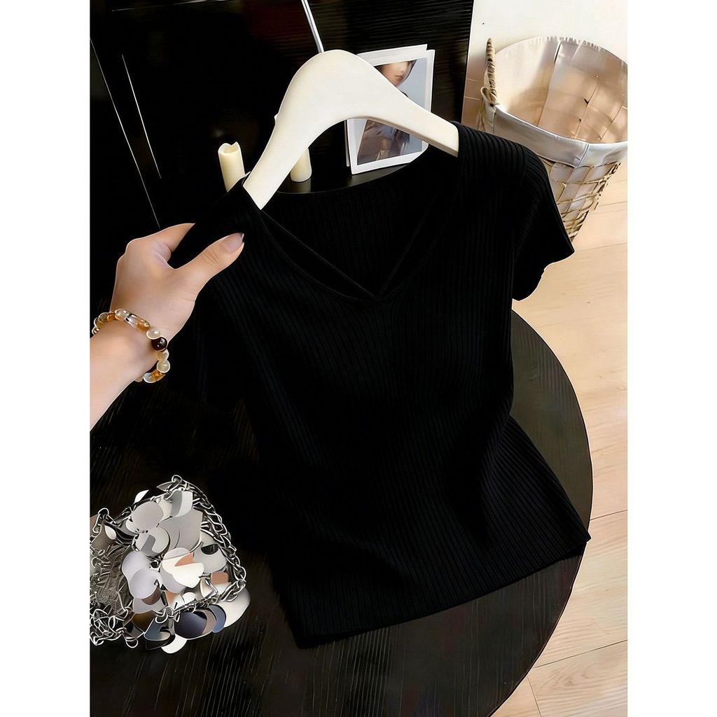 Mùa hè Phong cách mới nhẹ nhàng Phong cách trưởng thành Dải rãnh cổ chữ V dệt kim ngắn tay dành cho nữ Áo dáng ôm hơn, Sử dụng vải chất lượng cao, thoáng khí thoải mái, vừa vặn, Thích hợp cho phụ nữ nơi làm việc Mặc hàng ngày, Thời trang phù hợp, Làm nổi