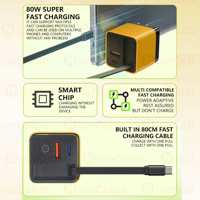 Bộ sạc 3 trong 1 USB + Type C Di động 80W GaN Cắm Bộ sạc nhanh với lò xo 65m Type C Cáp nhanh có thể mở rộng cho điện thoại Máy tính bảng, máy tính xách tay