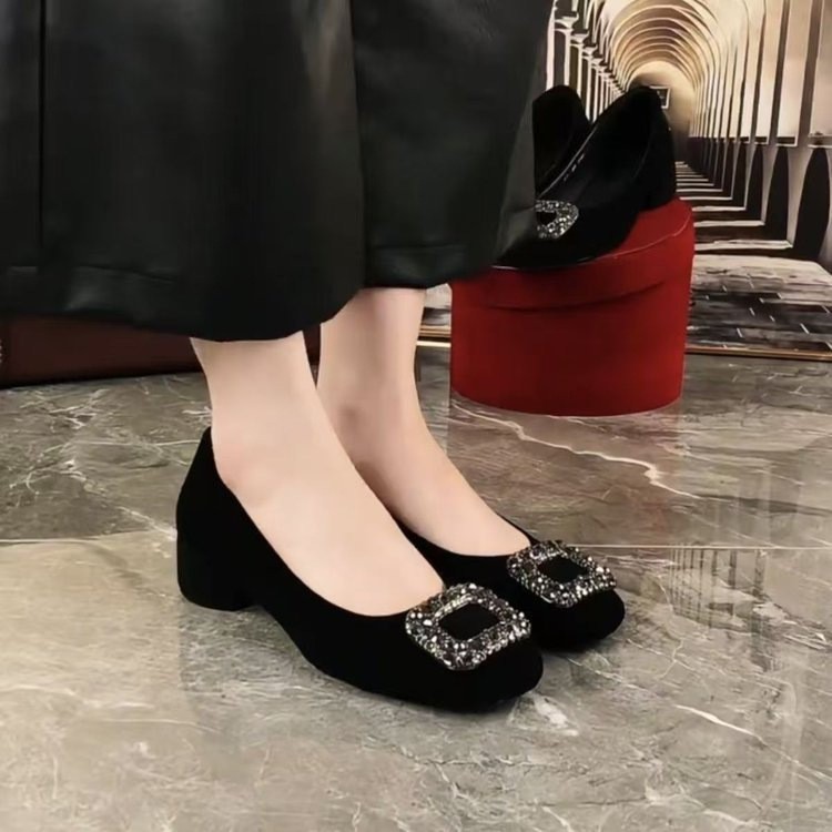 Gót Thấp Mũi Vuông Kim Cương Giả Giày Nữ Mùa Xuân Đen Nông Miệng Sang Trọng Dày Gót Đi Lại Giày 3RWF