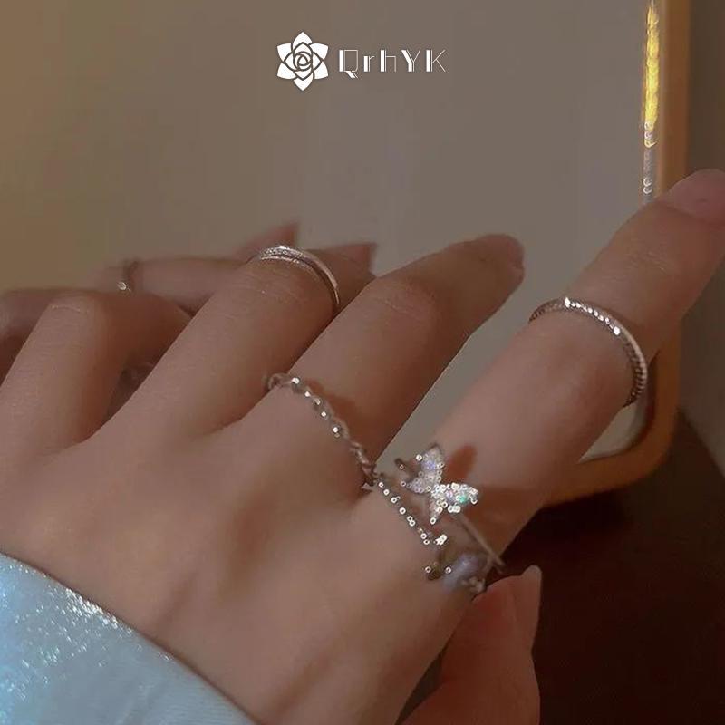 QrhYK 4 Bướm Xoắn Nhẫn Bộ Dành Cho Nữ Bé Gái Có Thể Điều Chỉnh Tối Giản Bộ Nhẫn Thanh Lịch Trang Sức Thời Trang Quà Tặng Hợp Thời Trang Mới