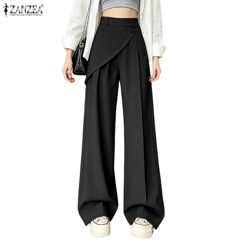 ZANZEA Nữ Hàn Quốc Thời Trang Cao Cấp Nút Trang Trí Chắp Vá Thiết Kế Chân Rộng Phù Hợp Với Quần