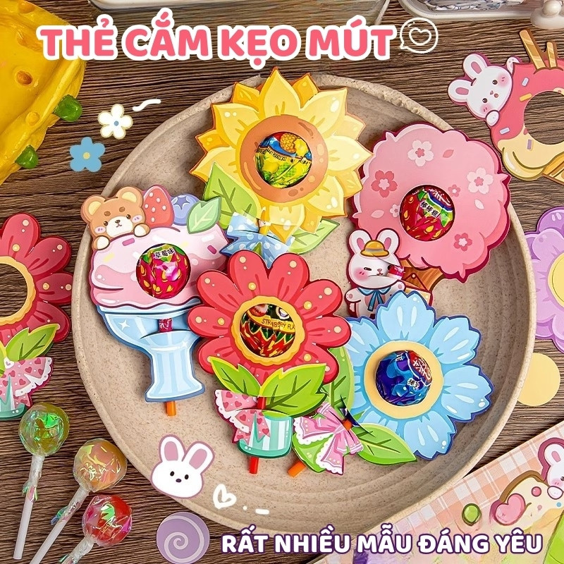 Giấy bọc thẻ cài kẹo mút hình hoa gấu thỏ cún cute quà tặng 1/6 sinh nhật thiếu nhi siêu xinh hot