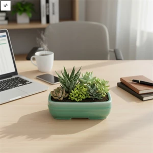 Chậu trồng cây Mini hình chữ nhật bằng gốm màu xanh lá cây để trang trí bàn làm việc văn phòng mọng nước