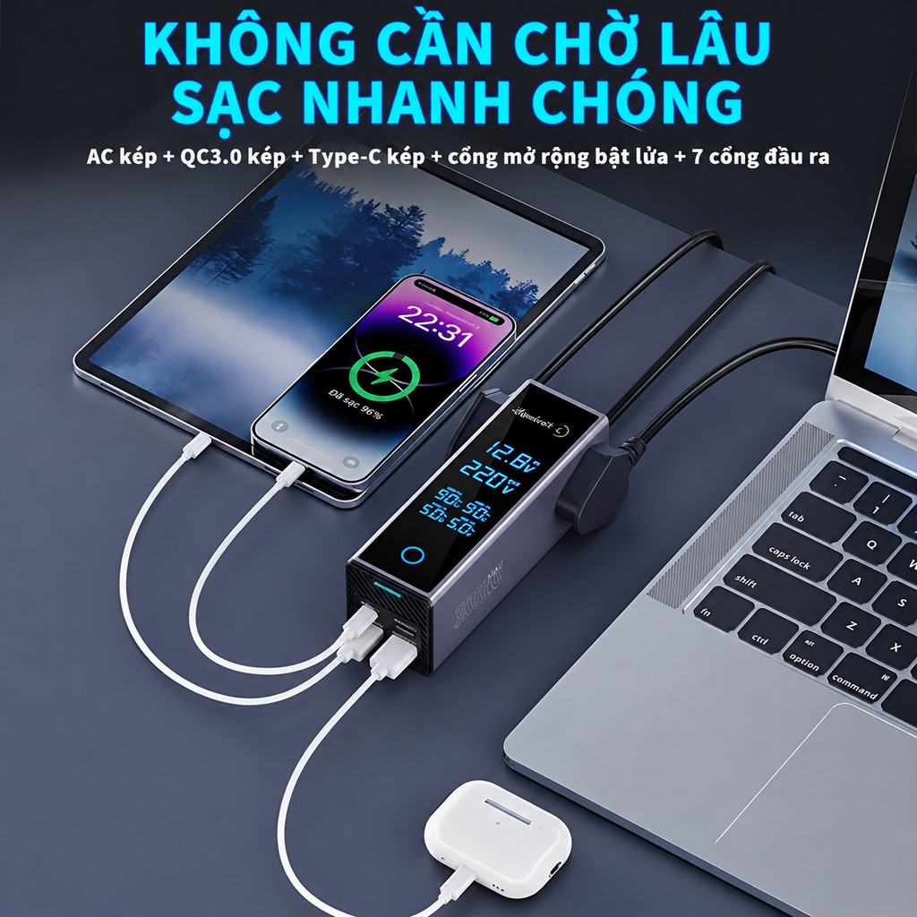 [Flash Sale] Màn hình lớn Bộ biến tần ô tô 300W Chuyển 12V /220V LCD cảm ứng 1 chạm 6 cổng sạc nhanh