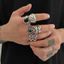 Bộ nhẫn rỗng đá quý bạc cổ điển 5 mảnh dành cho nam - Black Onyx & Deer Head & Fleur-De-Lis & Twisted Design - Gothic Punk để mặc hàng ngày
