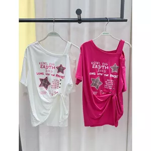 Ngọt Ngào Mát Dopamine In Hình xiên Vai Hot Girl Áo thun ngắn tay nữ dáng rộng Bao da thịt Đơn giản hàng đầu được vận chuyển vào ngày 3 tháng 6 5.19