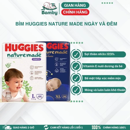 Tã Huggies Đêm/Ngày Nature Made size quân M58/L44/XL38/XXL26 size dán NB60/S82/M64/L54/XL44-Bamby