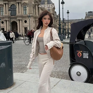 Áo Khoác Nỉ Bông Dáng Bomber Ôm eo Tay Bo Gân Có Nút Cài Augety Studio, Nora Sweat Jacket