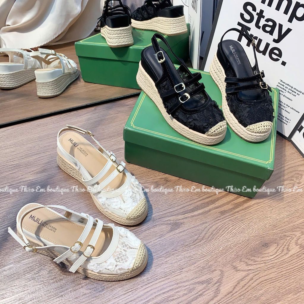 [Thảo Em - XD78-5] Sandal xuồng nữ quai hậu ren lưới đế cao su non giả cói 7cm mẫu mới