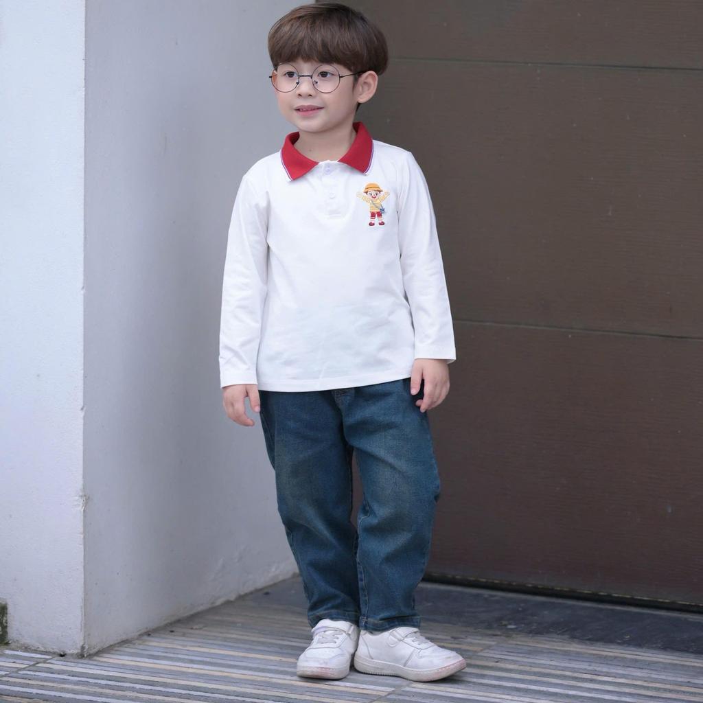 [BiBeo Kids] Bộ Quần Áo Bé Trai Polo Cậu Bé Tinh Nghịch Phối Quần Jean – Bộ Thu Đông Dài Tay