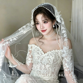 Pháp Retro Ren Veil Ren Nơ Cô Dâu Chủ Váy Cưới Kéo Cưới Cao Cấp Siêu Cổ Tích Đầu Trang Sức 26.. 13 7GOF