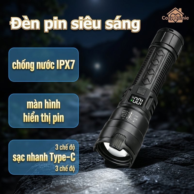 Đèn pin siêu sáng, chống nước IPX7, sạc nhanh USB, thời lượng pin dài, kích thước nhỏ gọn, dễ mang theo, bền bỉ.