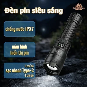 Đèn pin siêu sáng, chống nước IPX7, sạc nhanh USB, thời lượng pin dài, kích thước nhỏ gọn, dễ mang theo, bền bỉ.