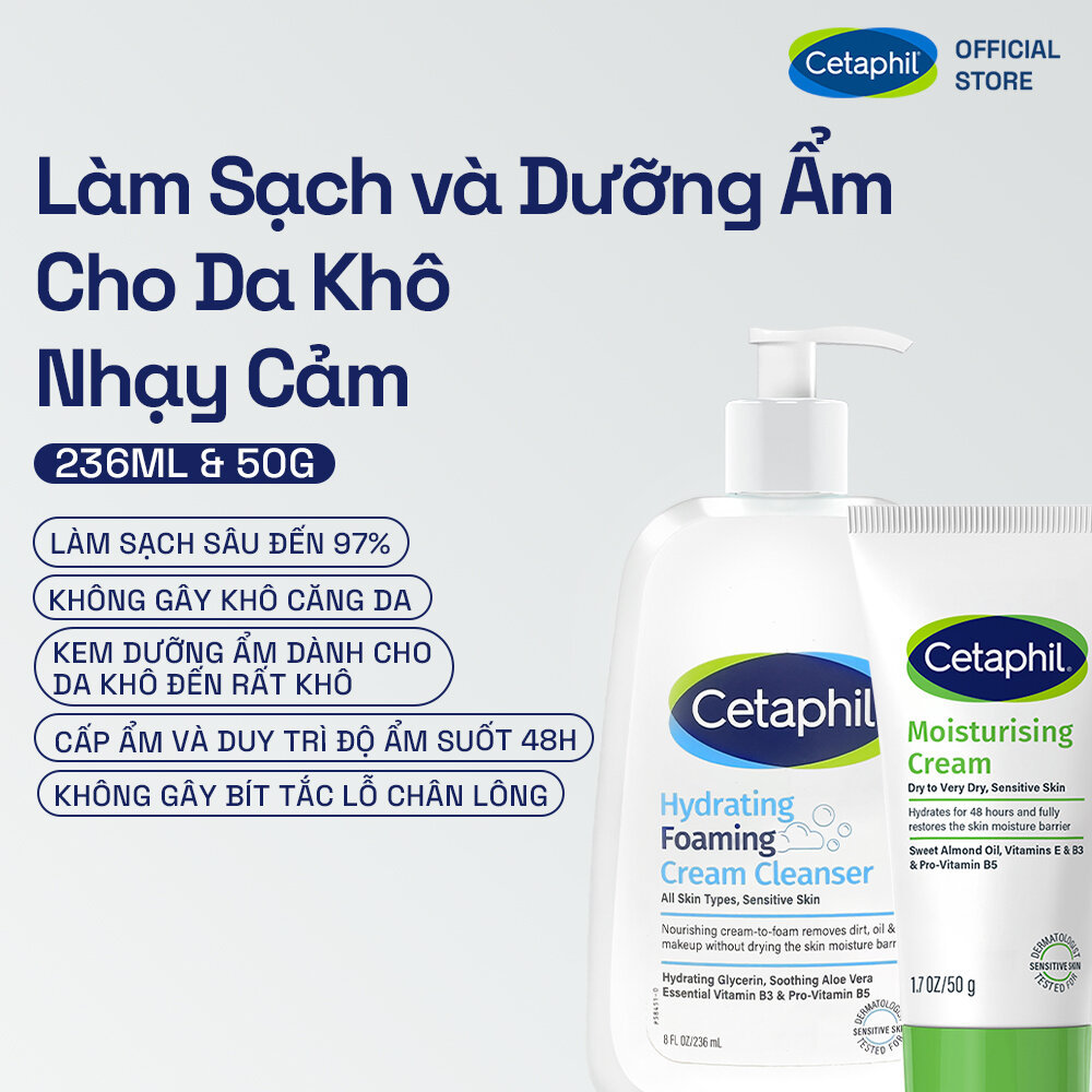 Combo Sữa Rửa Mặt Tạo Bọt Cetaphil Hydrating Foaming Cream Cleanser 236ml + Kem dưỡng ẩm CETAPHIL MOISTURISING CREAM 50G