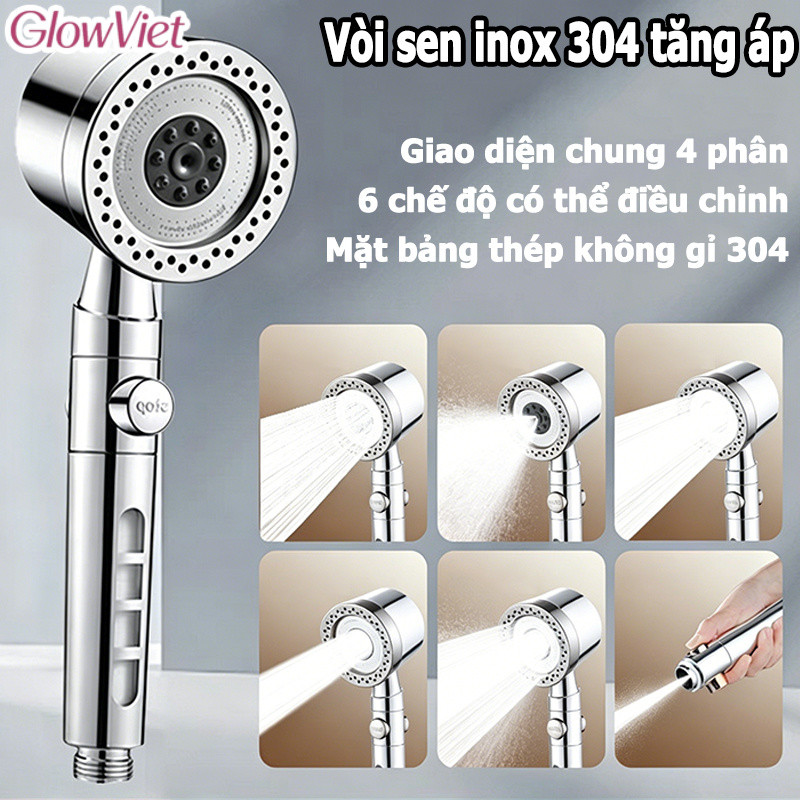 Bộ vòi sen tăng áp bằng thép không gỉ 304, 6 chế độ, bao gồm ống mềm và đế, lõi lọc cao cấp