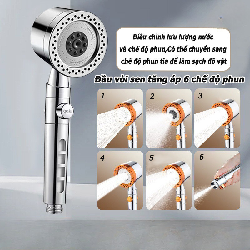 Bộ vòi sen tăng áp bằng thép không gỉ 304, 6 chế độ, bao gồm ống mềm và đế, lõi lọc cao cấp