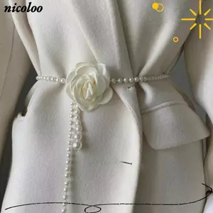 Thắt lưng ngọc trai NICOLOO, Trang sức cơ thể đa năng Thắt lưng trang trí Camellia, Phụ kiện thời trang Dây thắt lưng nữ thanh lịch Váy phù hợp