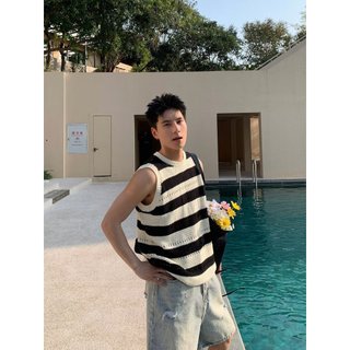 ESEA Nam Tank Top Mỹ Hợp Thời Trang Thương Hiệu Tương Phản Sọc Rỗng Dệt Kim Thoáng Khí