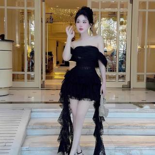 ￼Đầm Váy Tơ Trễ Vai Cúp Ngực Phối Chân Váy Ren Tua Rua Nhiều Tầng Phong Cách Tiểu Thư Sexy Sang Chảnh Ld Strore Fashion