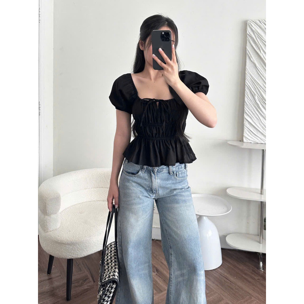 Áo babydoll linen kiểu xinh tay phồng tiểu thư công chúa bo thân nơ coquette ngực xinh xắn Kenco.clothing Sài Gòn M329