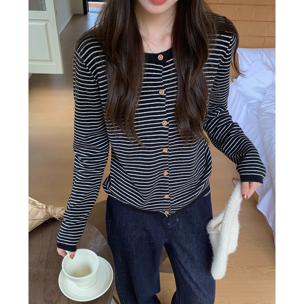 Thu Đông Màu Sắc Tương Phản Sọc Dệt Kim Dài Tay Cardigan Top Nữ Phong Cách Hàn Quốc Mùa Thu Mặc Áo Len Áo Khoác