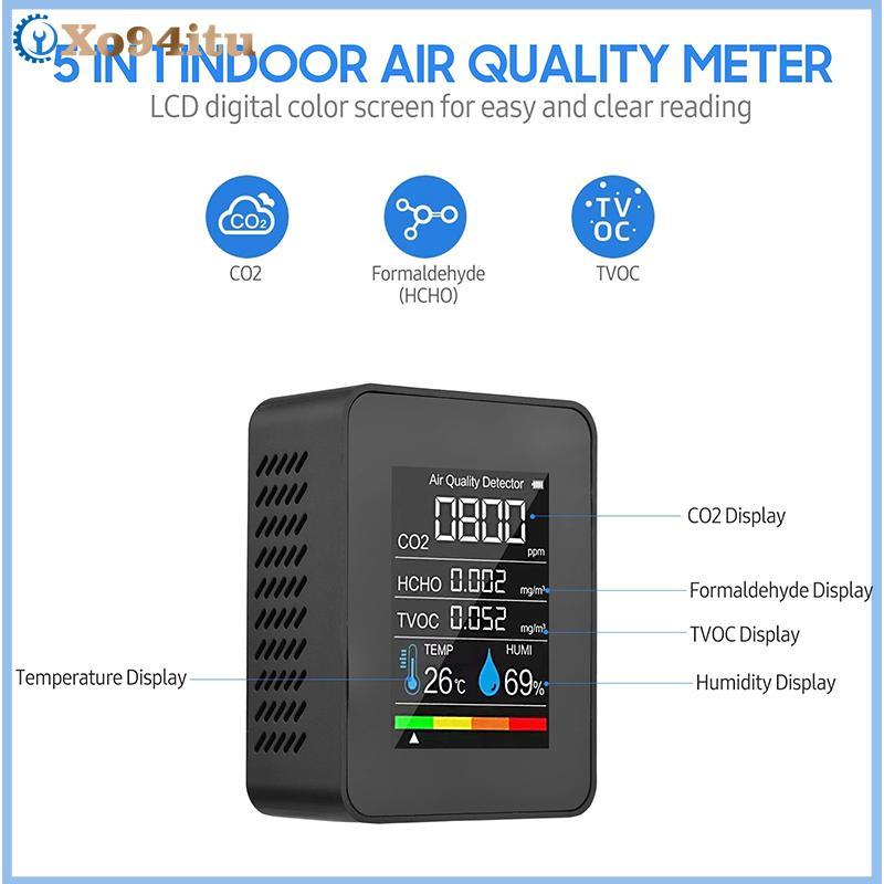 XOITU Đa Năng 5in1 CO2 Máy Đo Độ Ẩm Nhiệt Độ Kỹ Thuật Số Máy Đo Độ Ẩm Carbon Dioxide TVOC HCHO Màn Hình Chất Lượng Không Khí VN