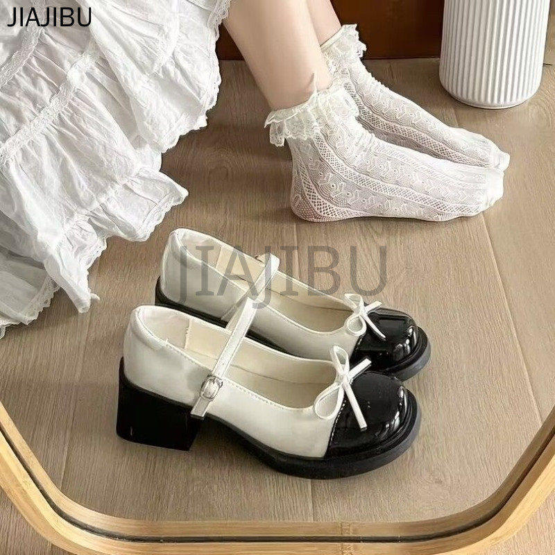 Giày Lolita Kiểu Công Chúa Nhật Bản Cổ Điển Phối Màu Có Nơ Dành Cho Nữ Korean Fashion Casual Platform Mary Jane Doll Shoes Giày Da Đen Mũi Tròn Gót Dày Chống Trơn Trượt Kiểu Anh Dành Cho Bé Gái