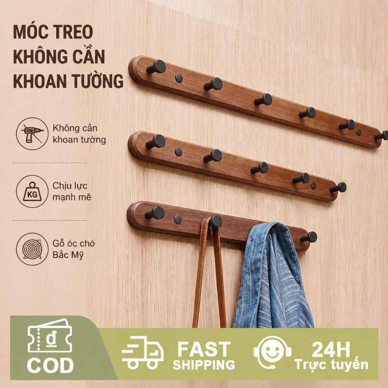 Móc dán tường bằng gỗ óc chó, móc treo tường cao cấp, móc dán treo đồ chắc chắn tiện dụng