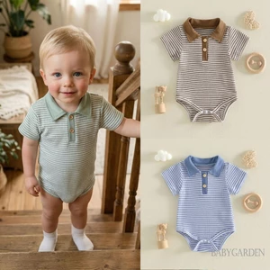 Áo liền quần bé trai ngắn tay có cổ áo sọc in hình Bộ đồ liền thân sơ sinh